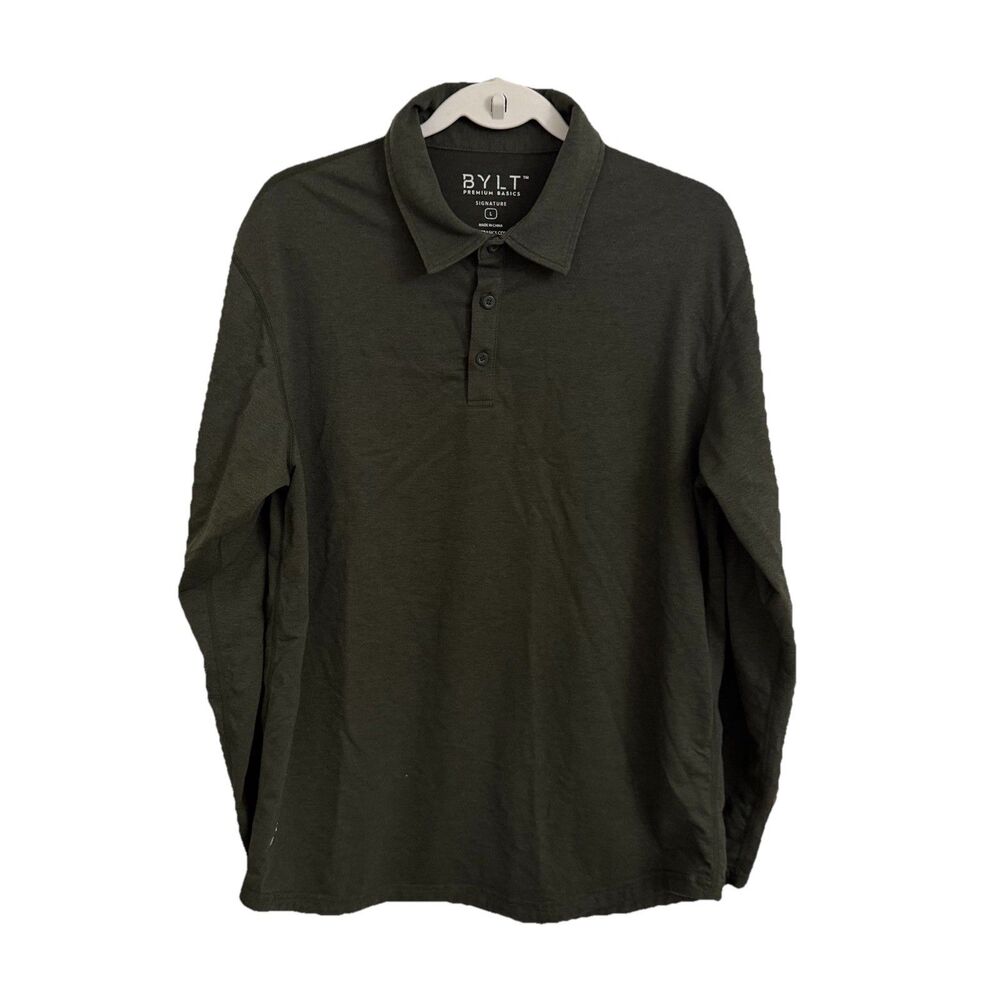 BYLT Premium Basics Signature Polo Shirt Mens Large Olive Green Long Sleeve